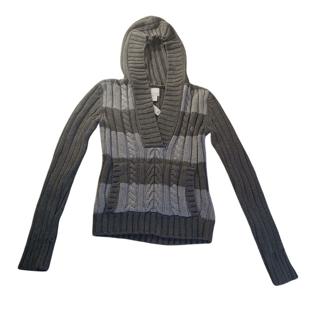 Old Navy Hooded Cable Knit Sweater XL Gray Striped Cropped Pullover NWT Retro‎